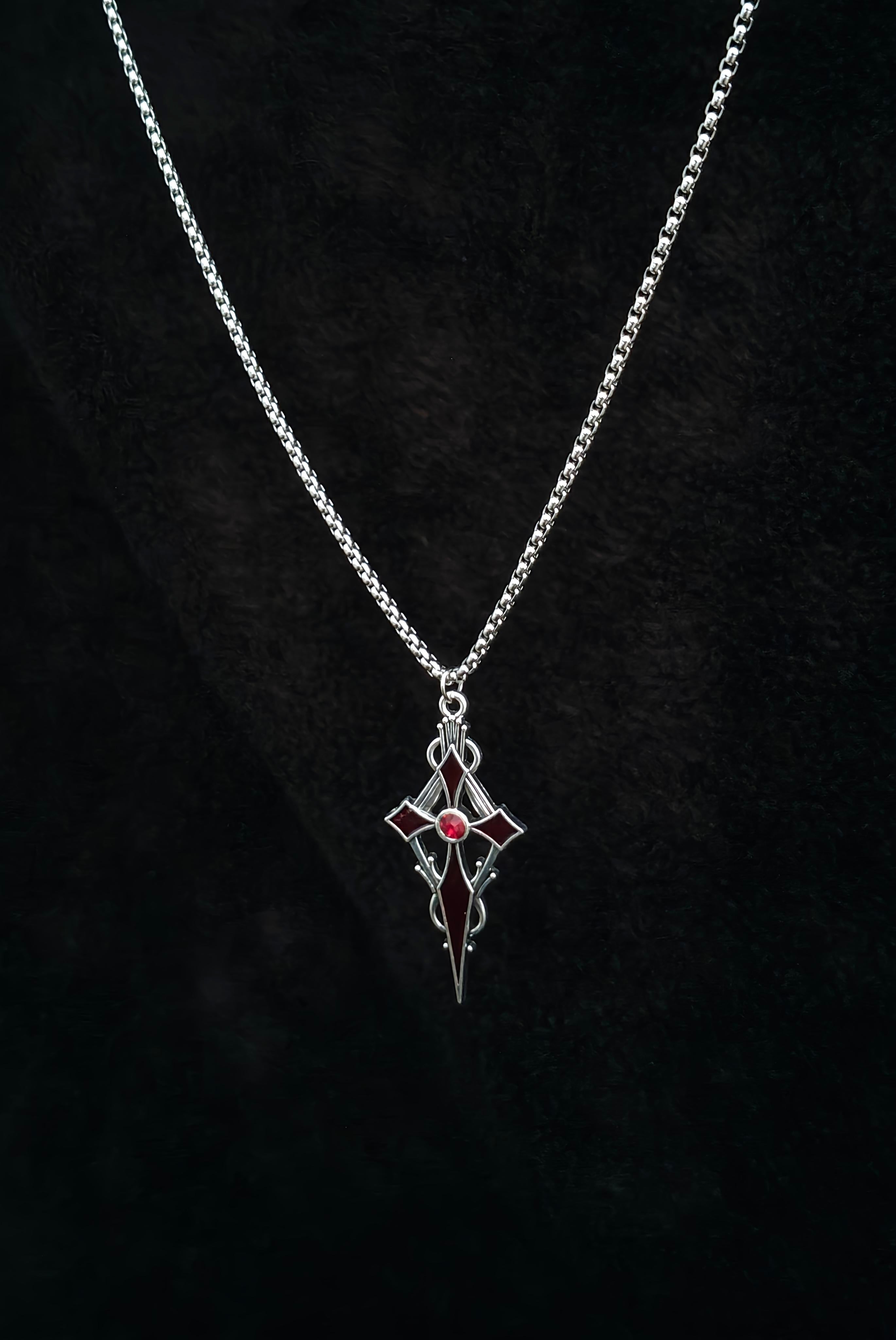 Red Stone Cross Pendant With 22" Chain