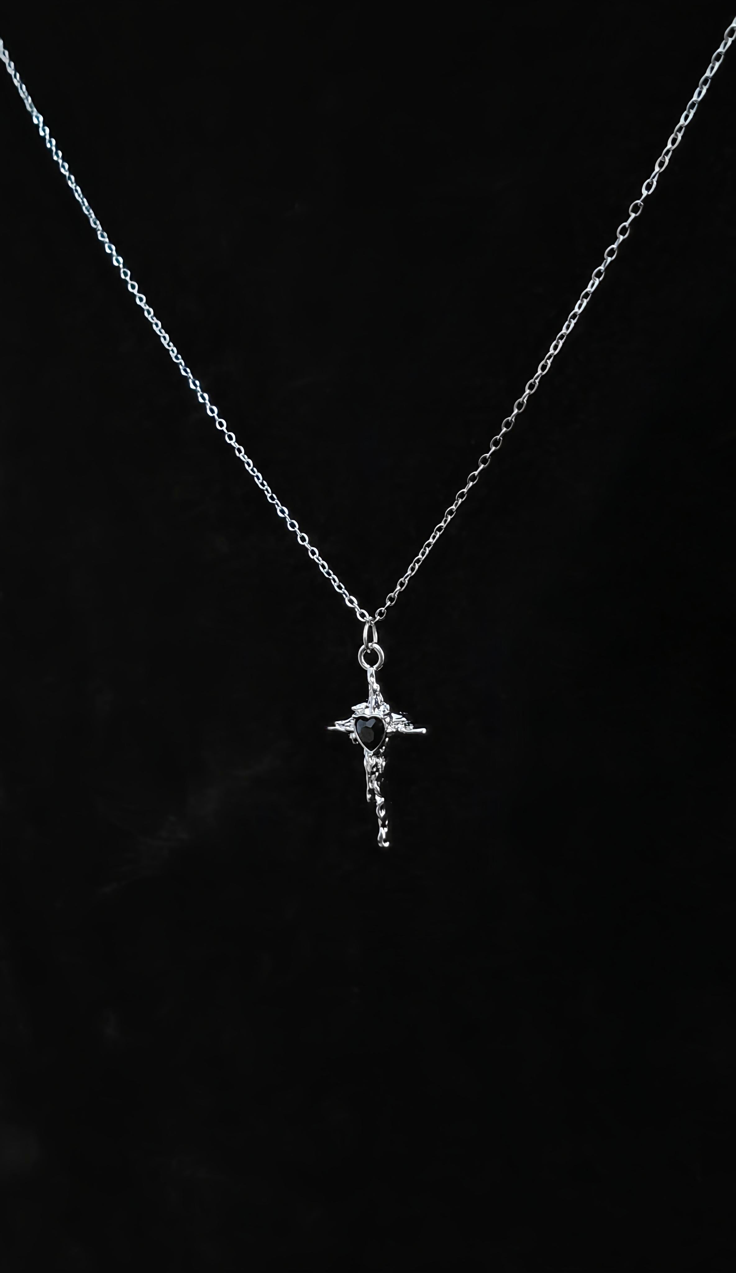 Black Heart Cross Pendant With 18" Chain