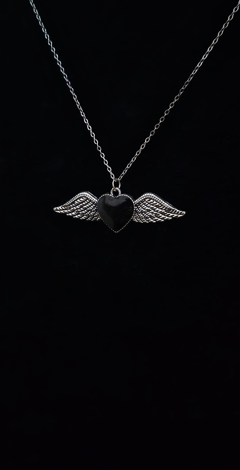 Winged Black Heart Pendant With 18" Chain