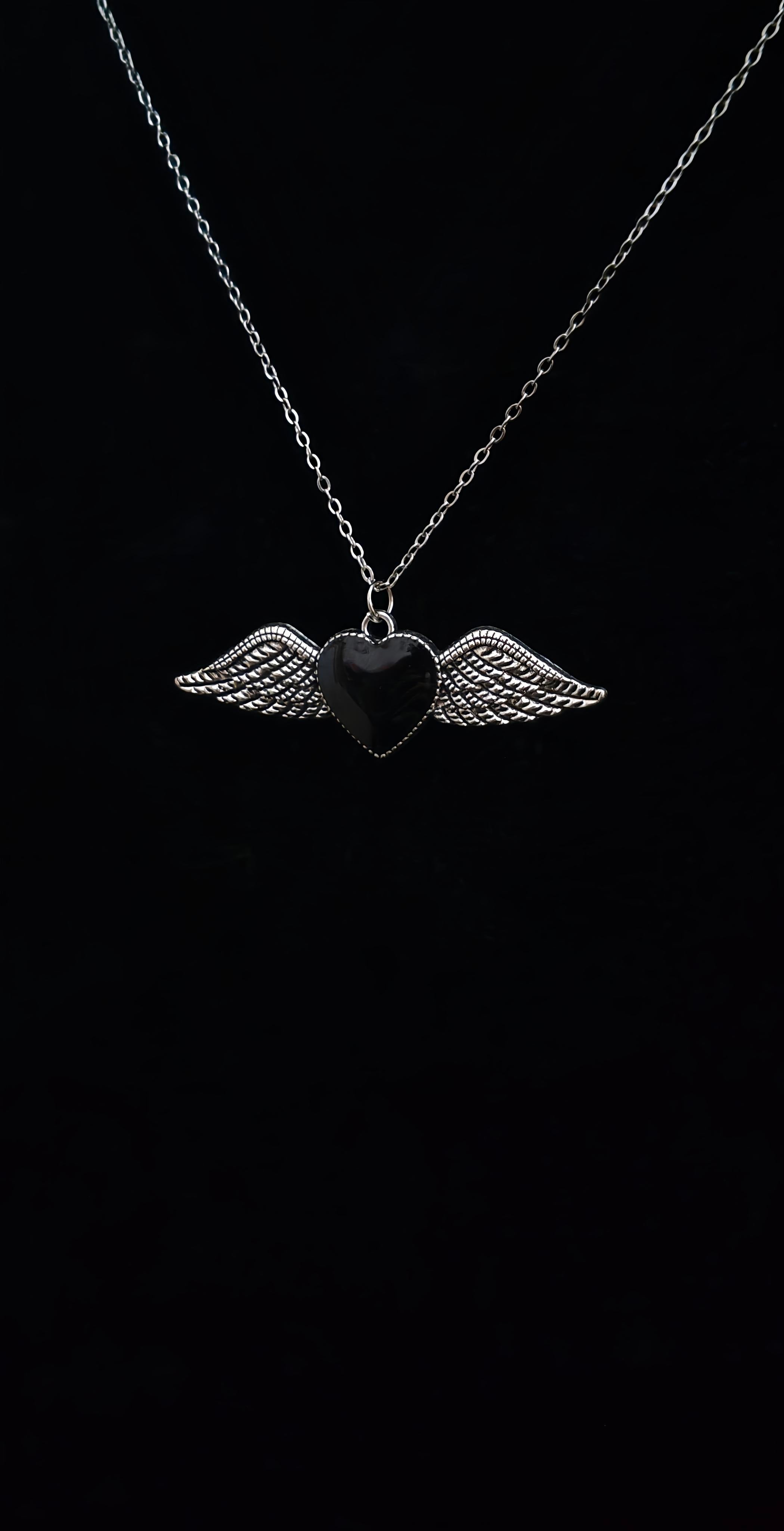 Winged Black Heart Pendant With 18" Chain