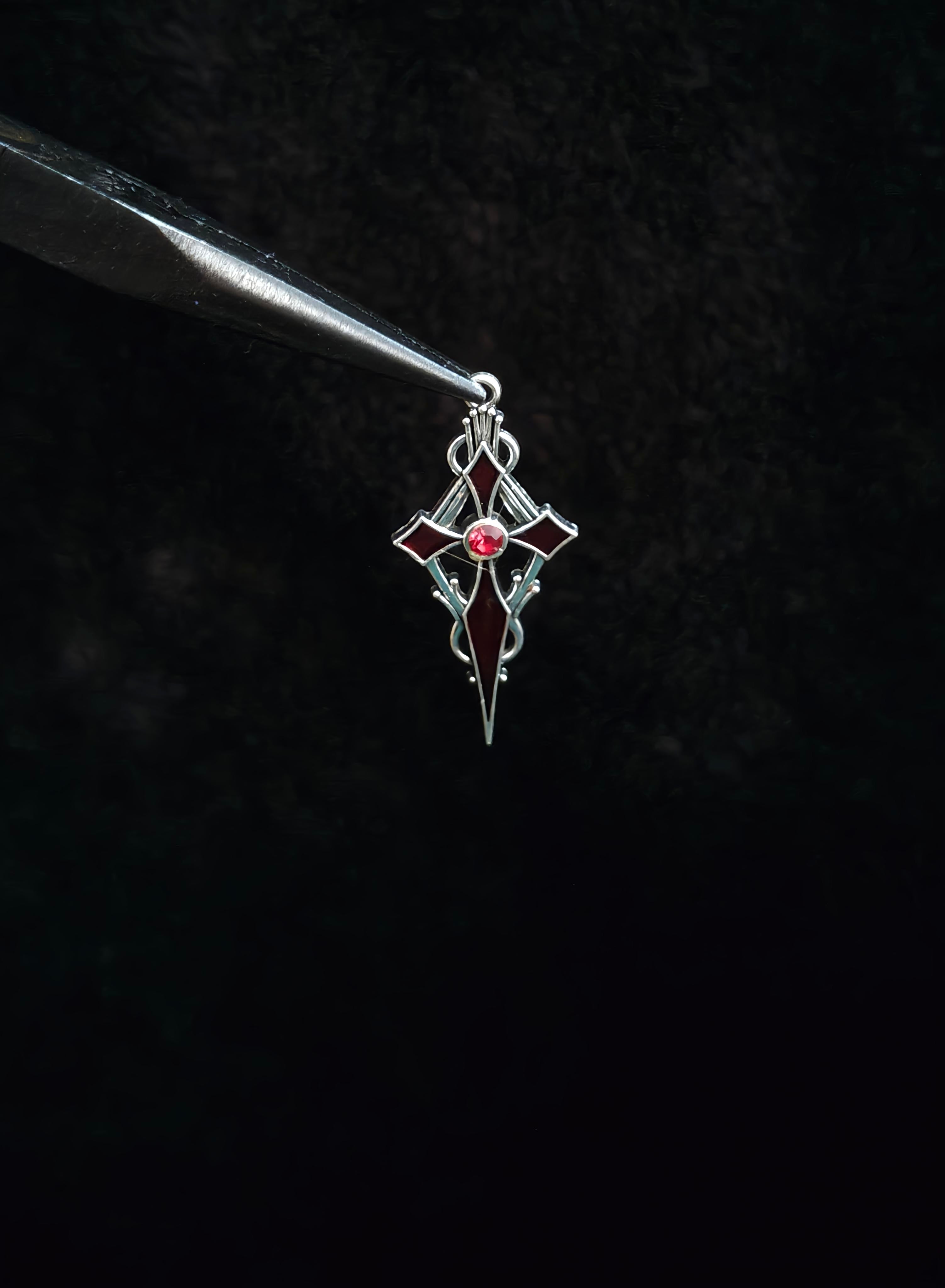 Red Stone Cross Pendant With 22" Chain