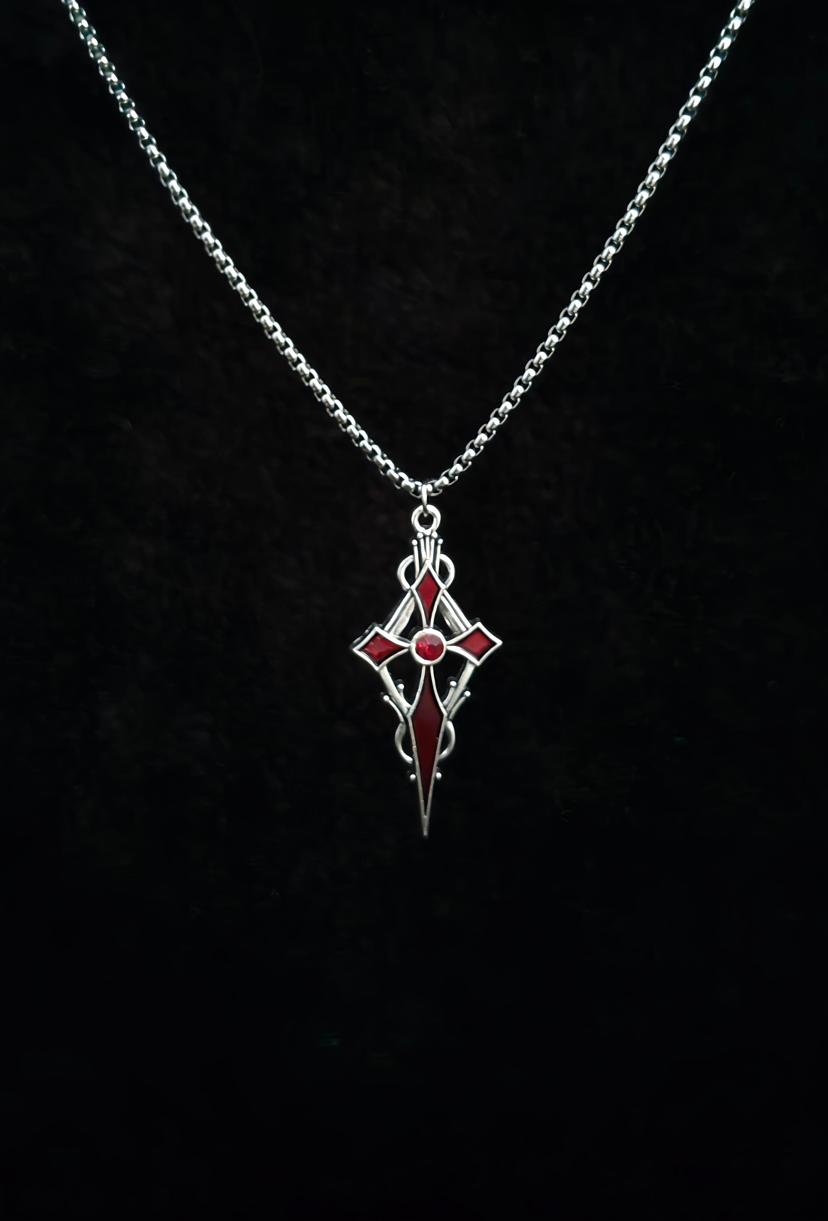 Red Stone Cross Pendant With 22" Chain
