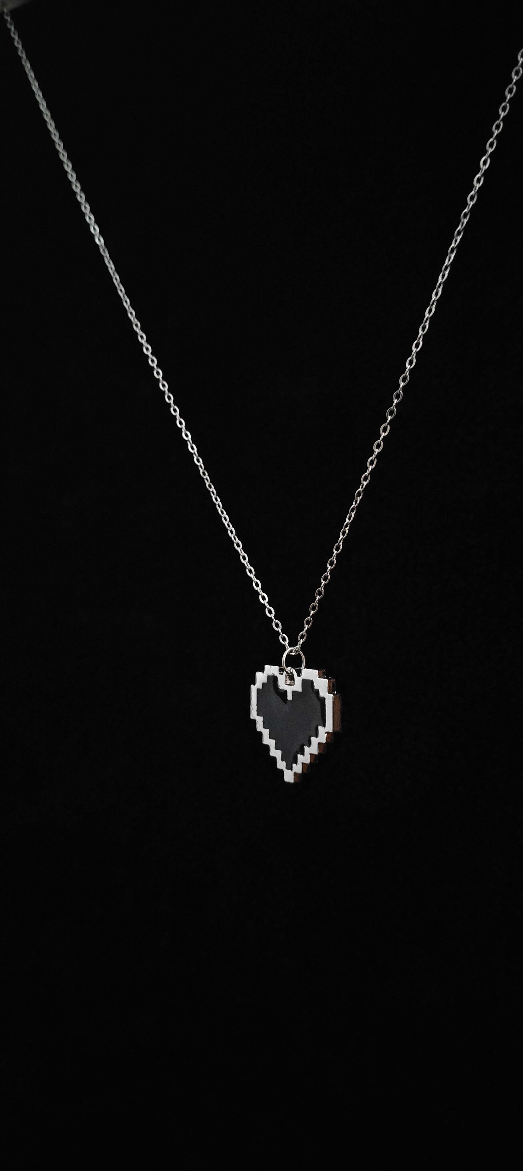 Pixelated Black Heart Pendant With 18" Chain