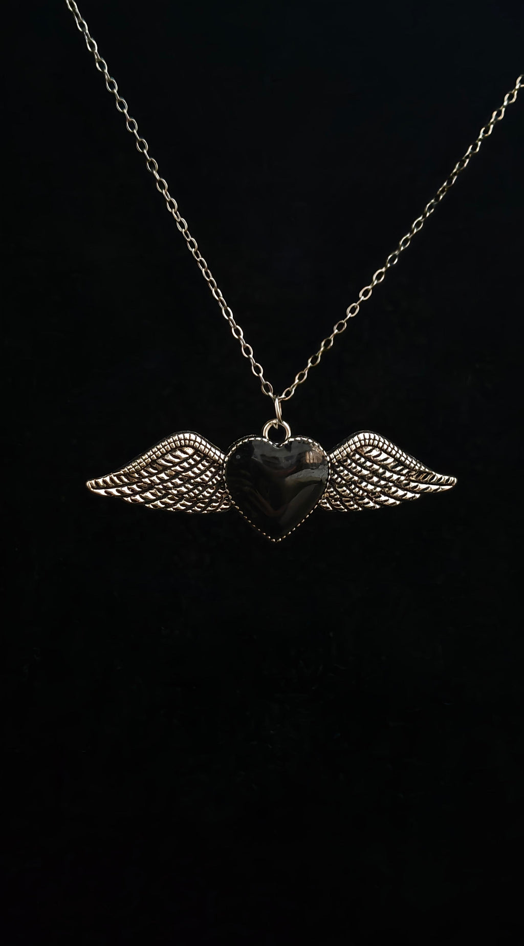 Winged Black Heart Pendant With 18" Chain