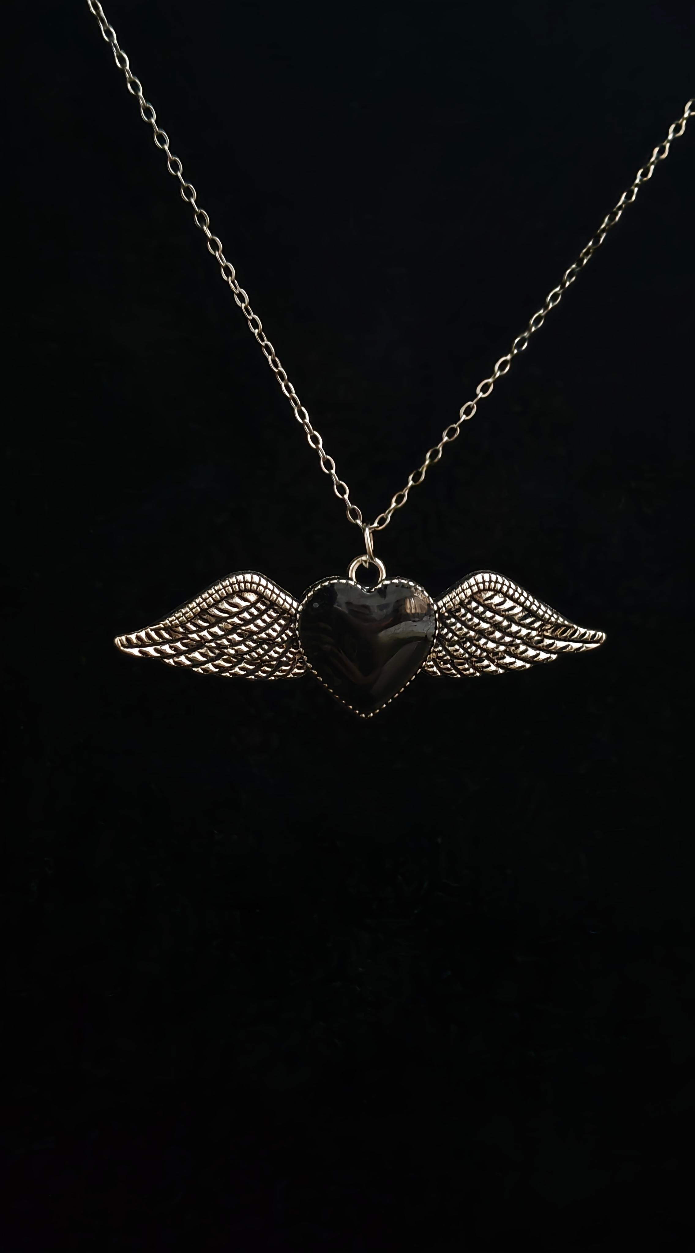 Winged Black Heart Pendant With 18" Chain