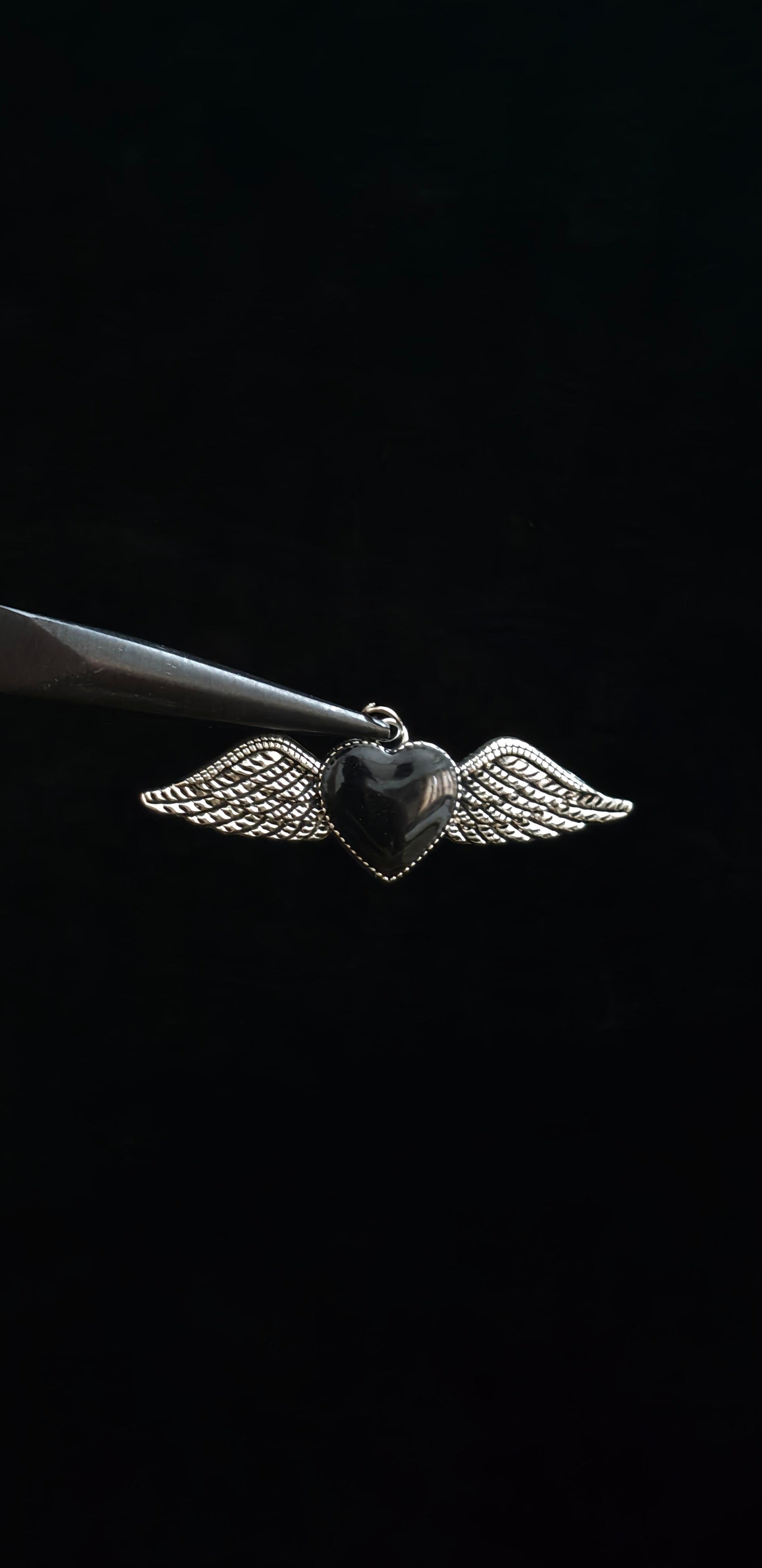 Winged Black Heart Pendant With 18" Chain